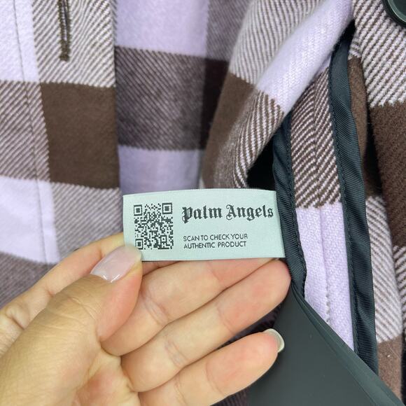 Palm Angels | Purple Brown Buffalo Check Plaid Logo Flannel Shirt Jacket 40 US L - Picture 15 of 16